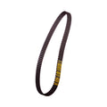 Black rubber timing belt with evenly spaced teeth and yellow printed markings on the inner side.