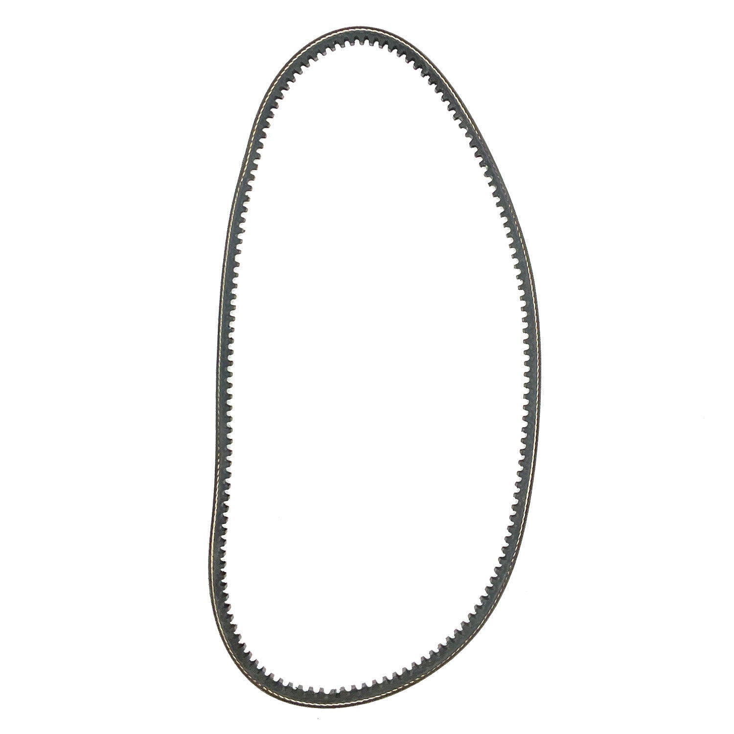 Black rubber V belt with internal toothed grooves for off-road vehicle engine use.