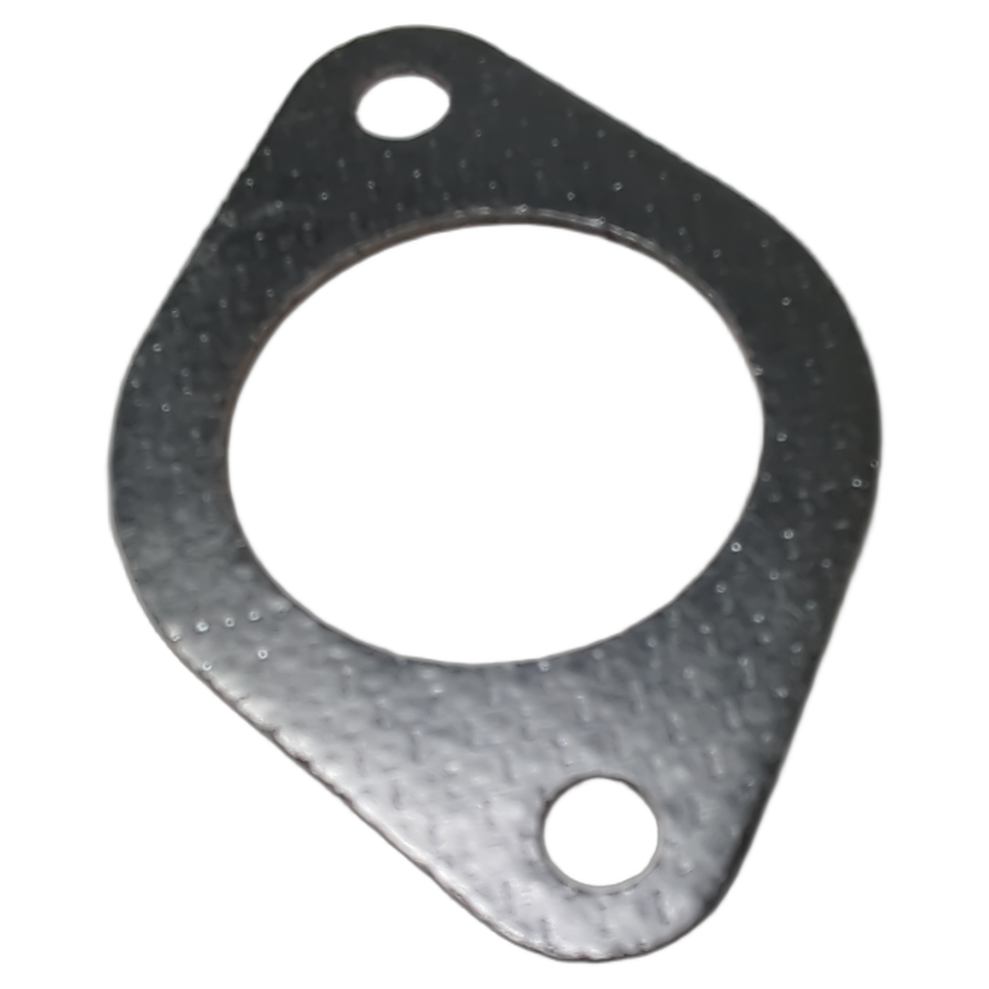 Black, textured metal exhaust gasket with two bolt holes and a large central opening, triangular shape.