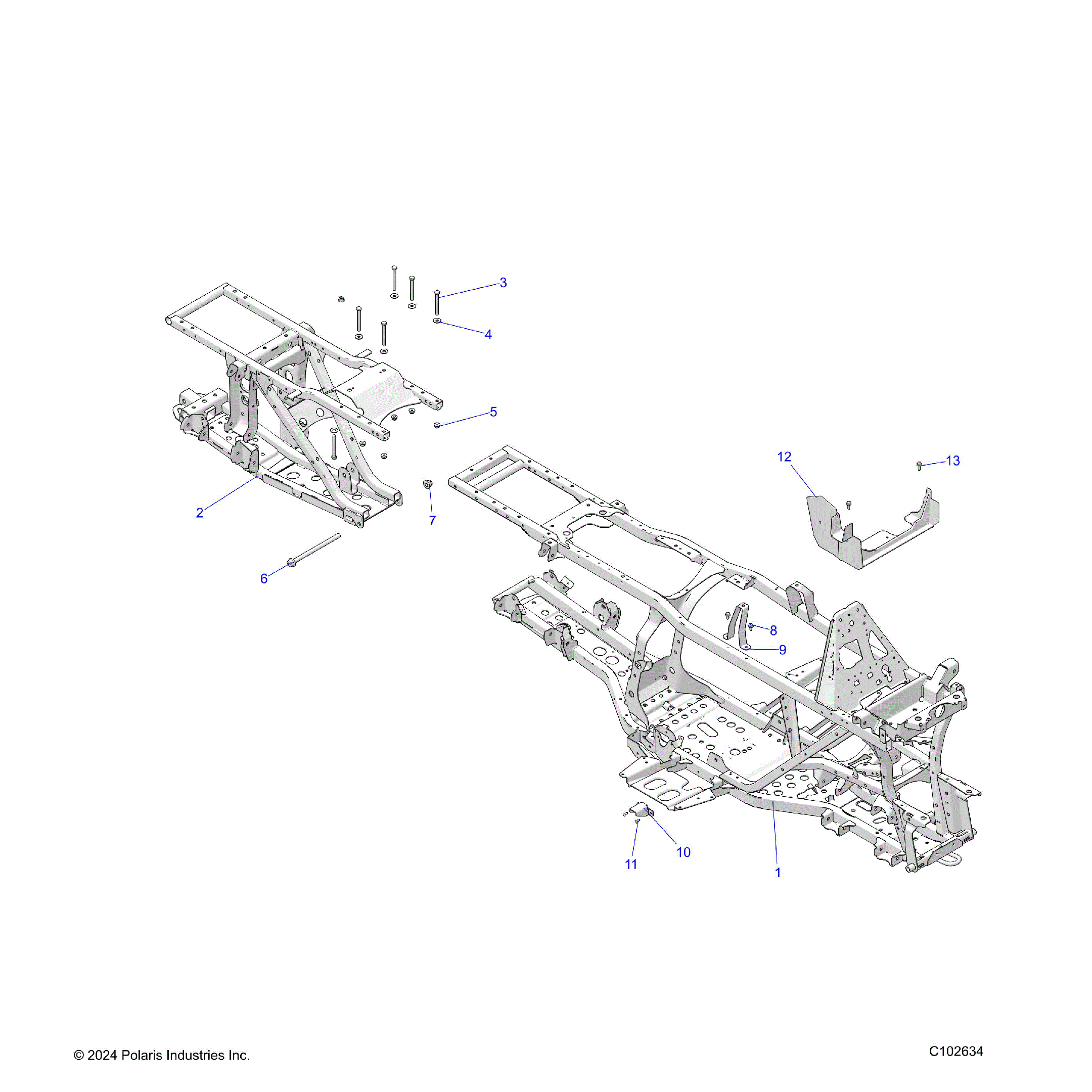 An Image of a Genuine Polaris Parts Schematic Diagram showing the schematic - CHASSIS: FRAME - 2025 POLARIS SPORTSMAN 570 6X6 EPS 49S