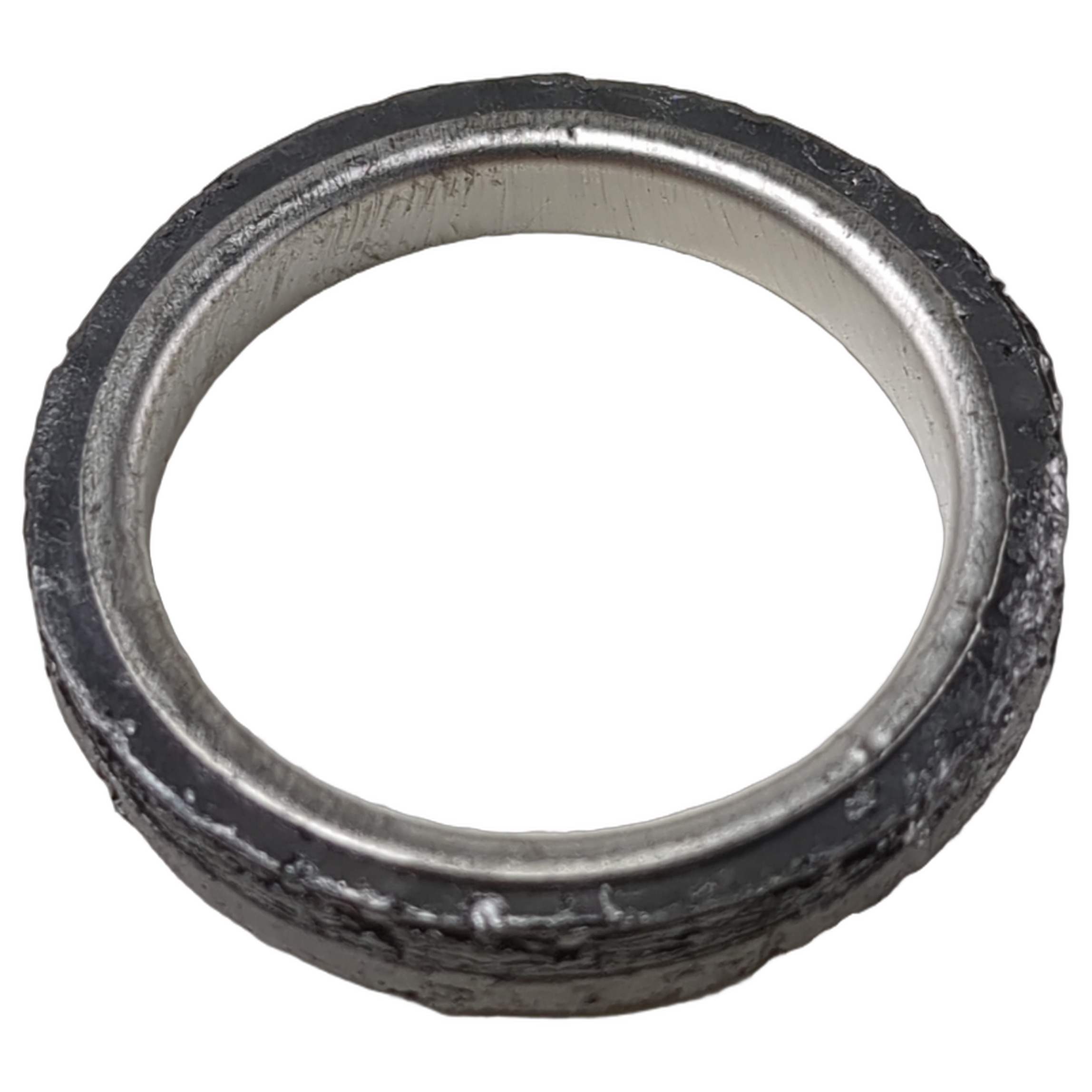 Round exhaust seal gasket with silver inner ring and textured black outer layer.