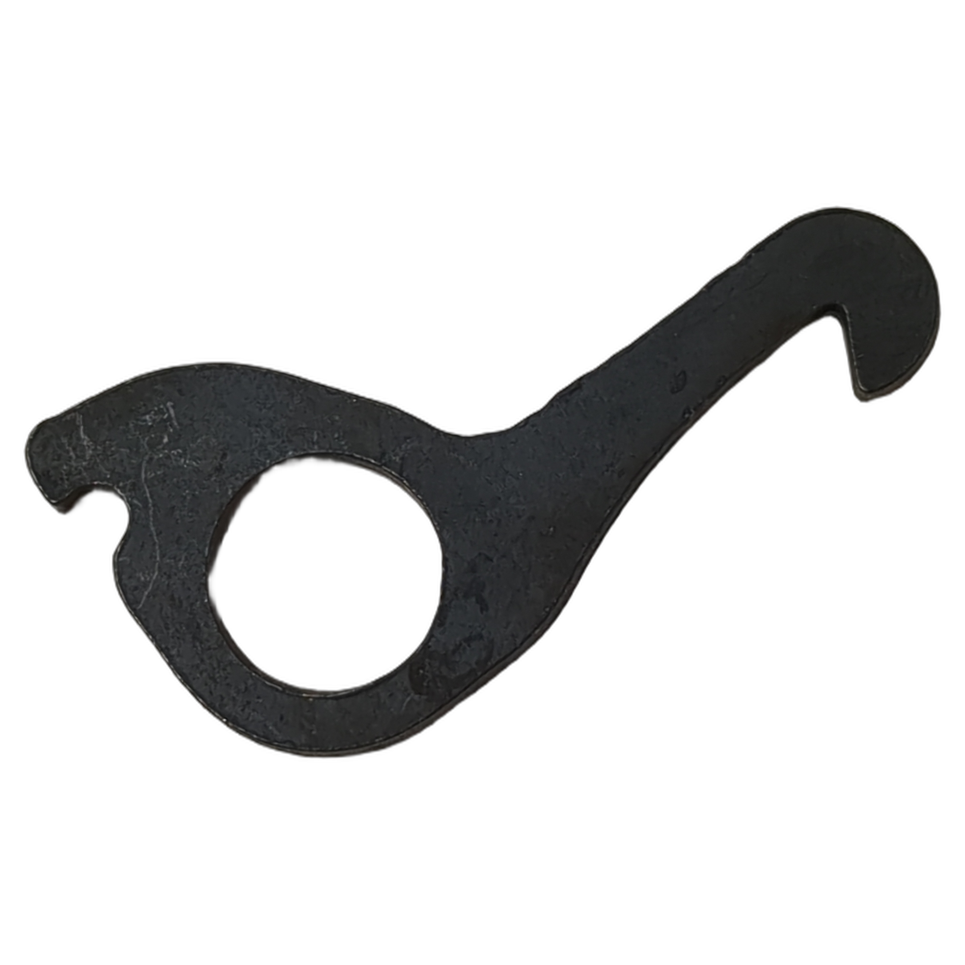Black metal decomp valve stop plate with a circular hole and an extended curved hook on one end.