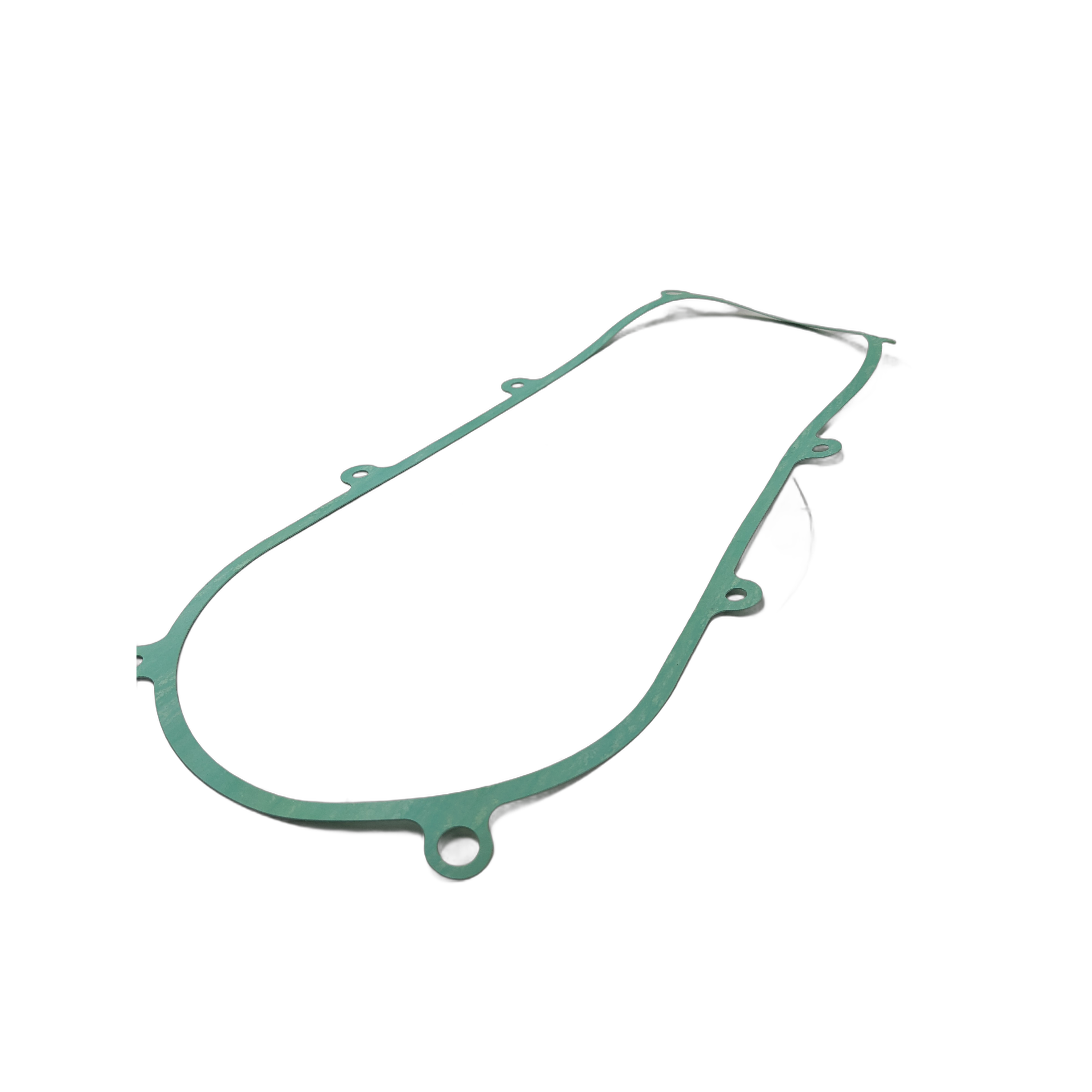 A green, oval Gasket, Crankcase Cover, Lh by Polaris with multiple bolt holes (OEM 3055649), shown on a white surface—perfect for replacing Polaris UTV parts.