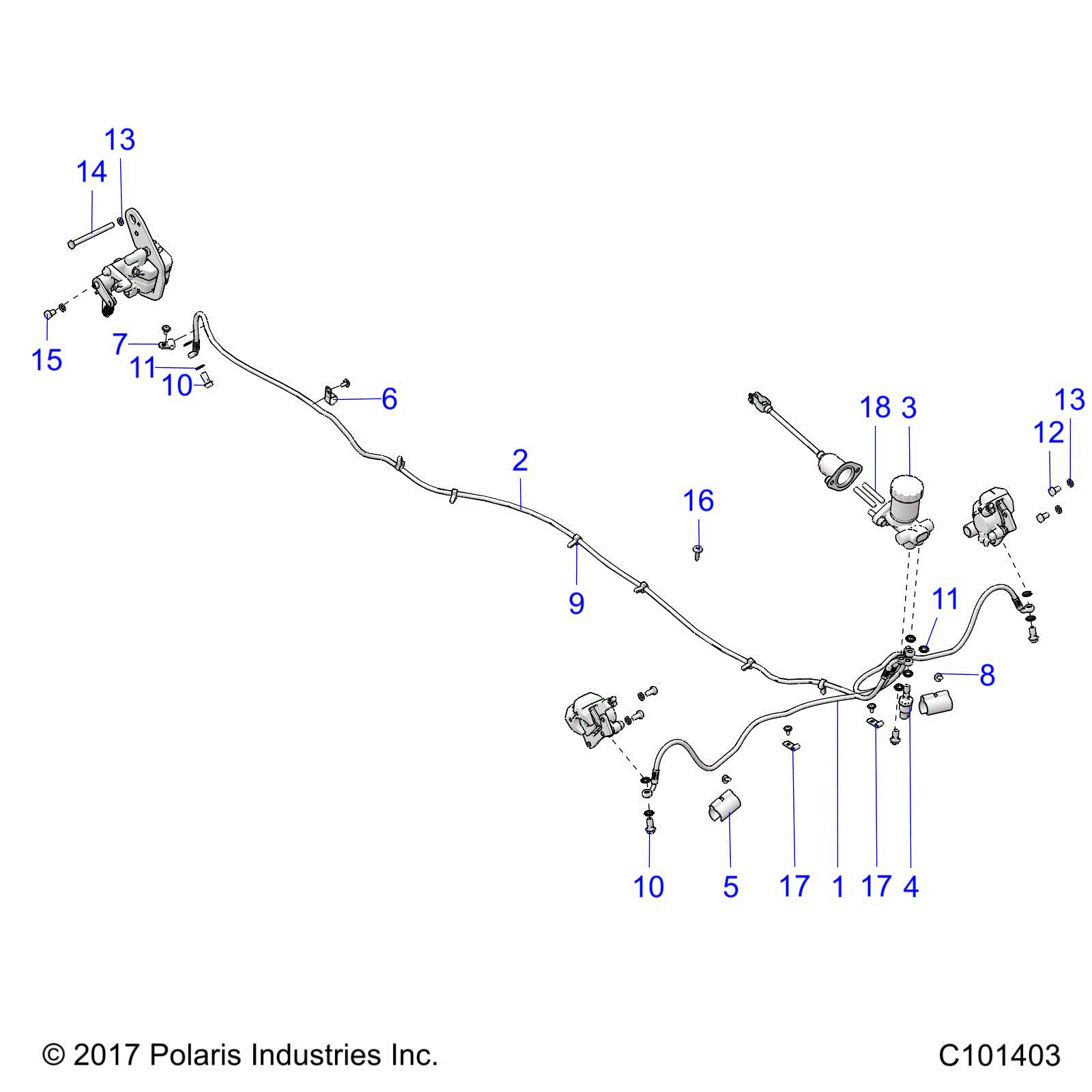 An Image of a Genuine Polaris Parts Schematic Diagram showing the schematic - BRAKES: BRAKE LINES AND MASTER CYLINDER - 2020 POLARIS ACE 150 EFI