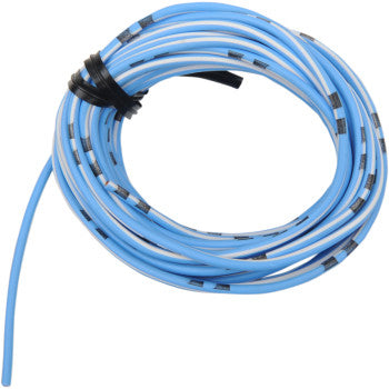 The 13' Wire Spool 14A 12V Sky Blue/White by Shindy features sky blue and white OEM colors, black bands, and is secured with a black tie against a white background.