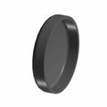Black round expansion plug with a smooth, slightly domed surface and low profile edge.