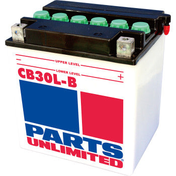 White rectangular battery with six green caps on top, black terminals, red and blue PARTS UNLIMITED logo on front.