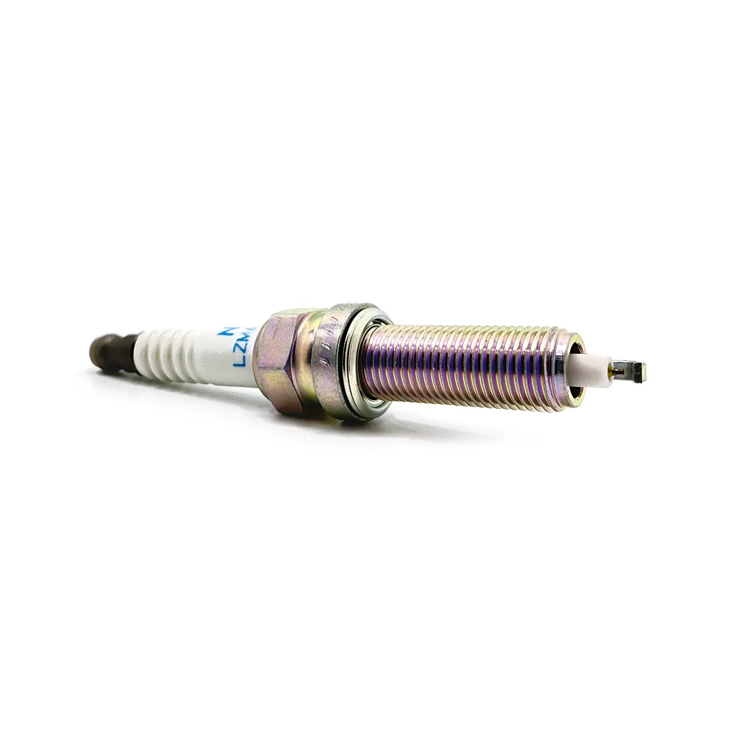 A close-up of the Spark Plug 10Mm by Polaris displays its metal threaded body, hexagonal nut, and ceramic insulator, all positioned horizontally on a white background.