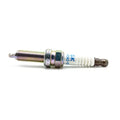 Metal and ceramic spark plug with threaded body and white insulator marked with blue text.