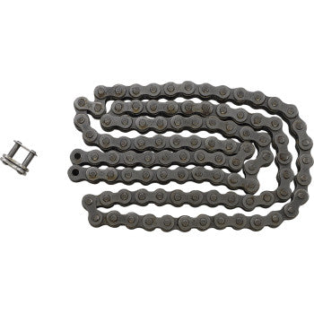 The 428 HDR Heavy Duty Drive Chain Steel 100 Links by JT Chains, shown in a zigzag arrangement with a separate connecting link, highlights the use of steel for strength in bicycle and motorcycle drive chains.