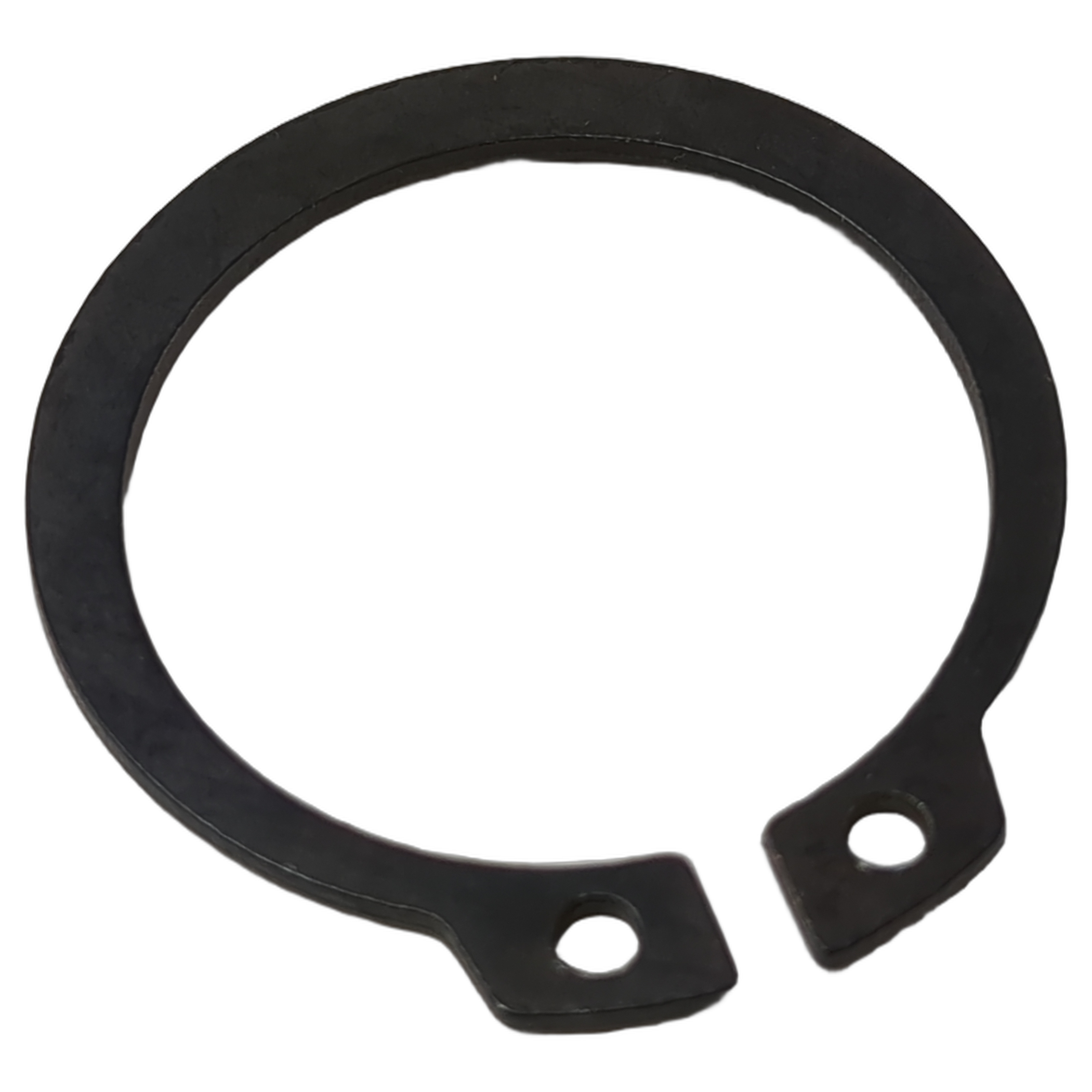 Black metal circlip ring with two small holes on the open ends for secure fastening.