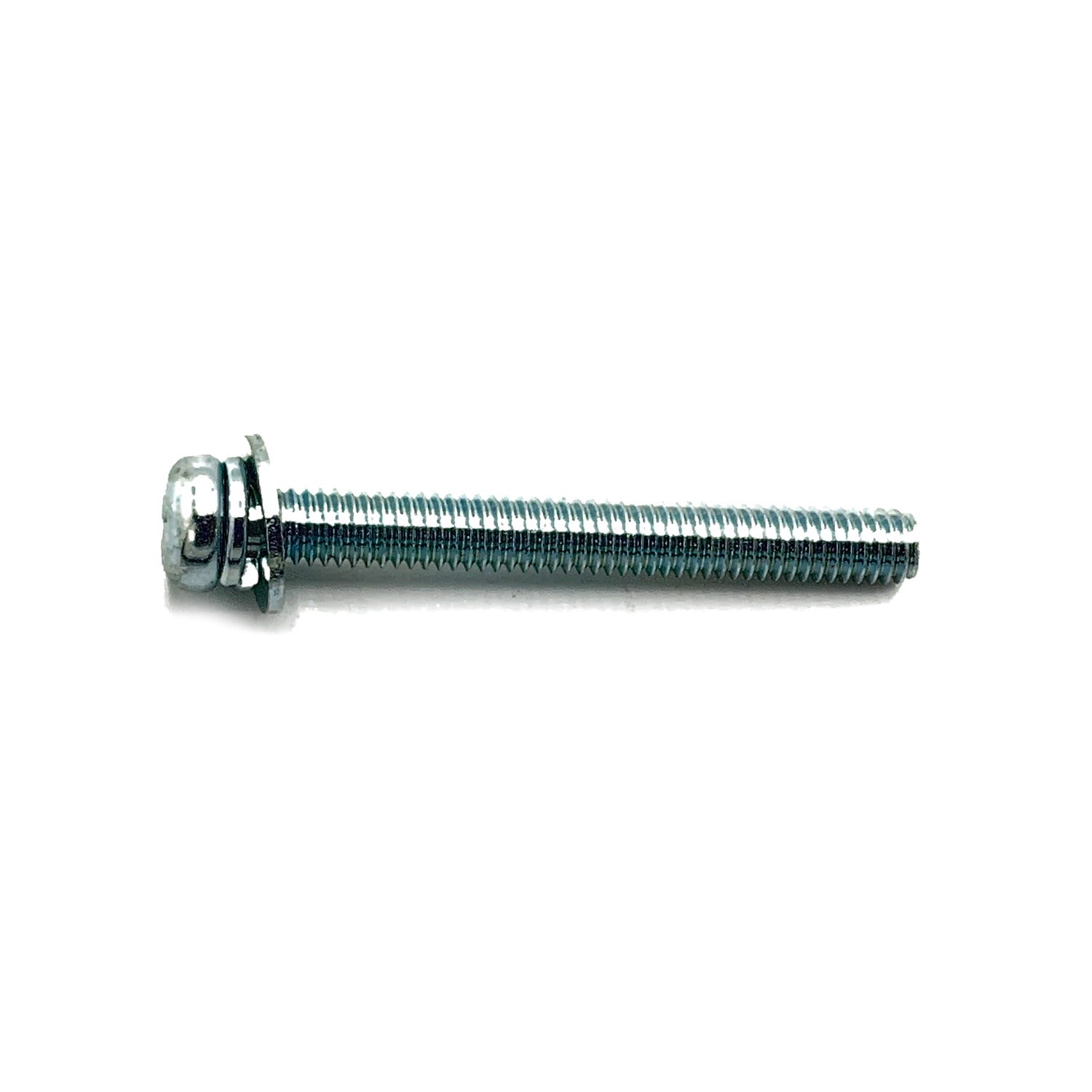 Silver metal pan head screw with threaded shaft and integrated washer.