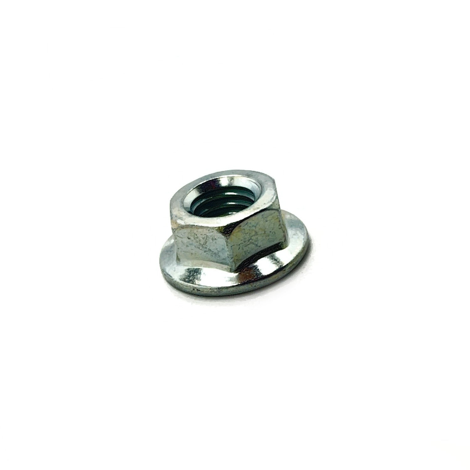 Silver hex flange nut with a wide, flat base and internal threading.