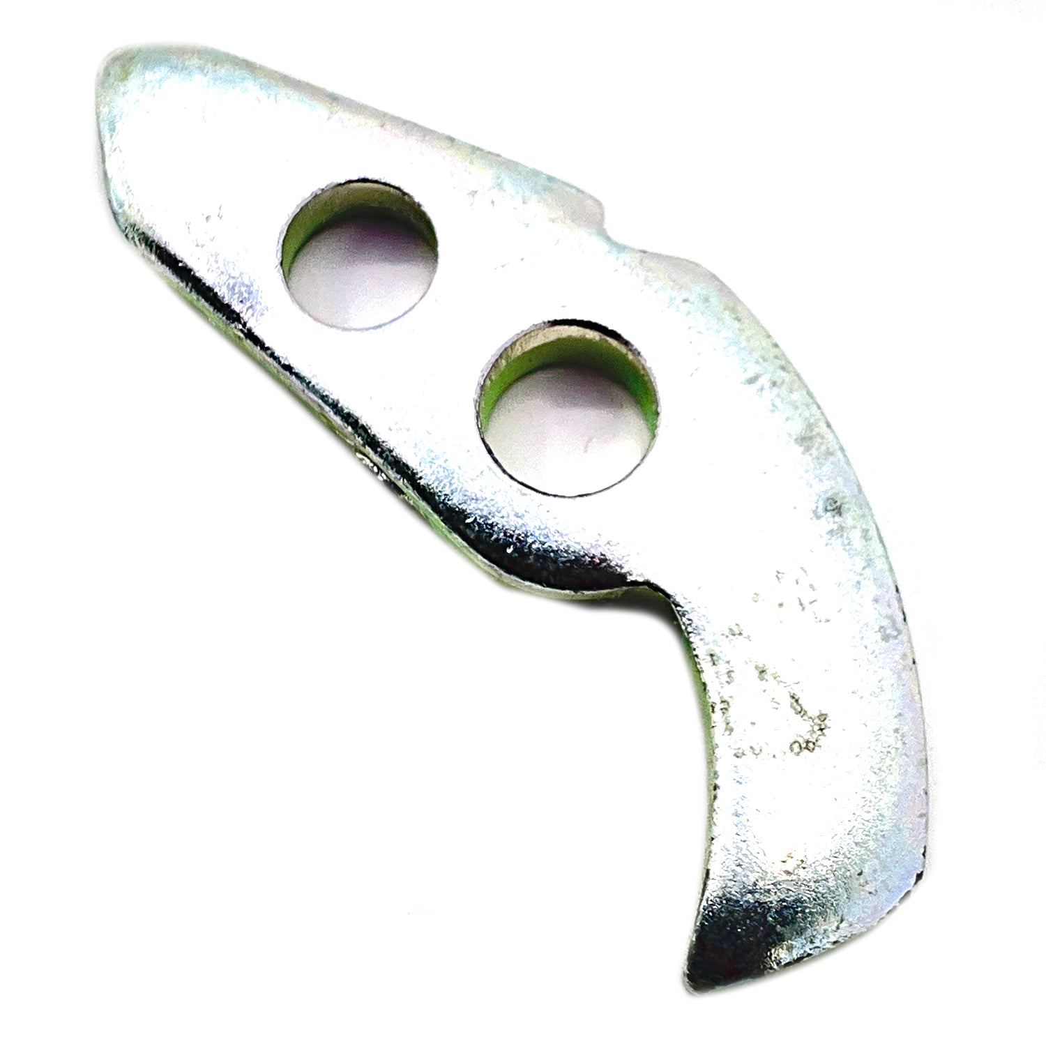 Silver metal ratchet component with two circular holes and curved shape.