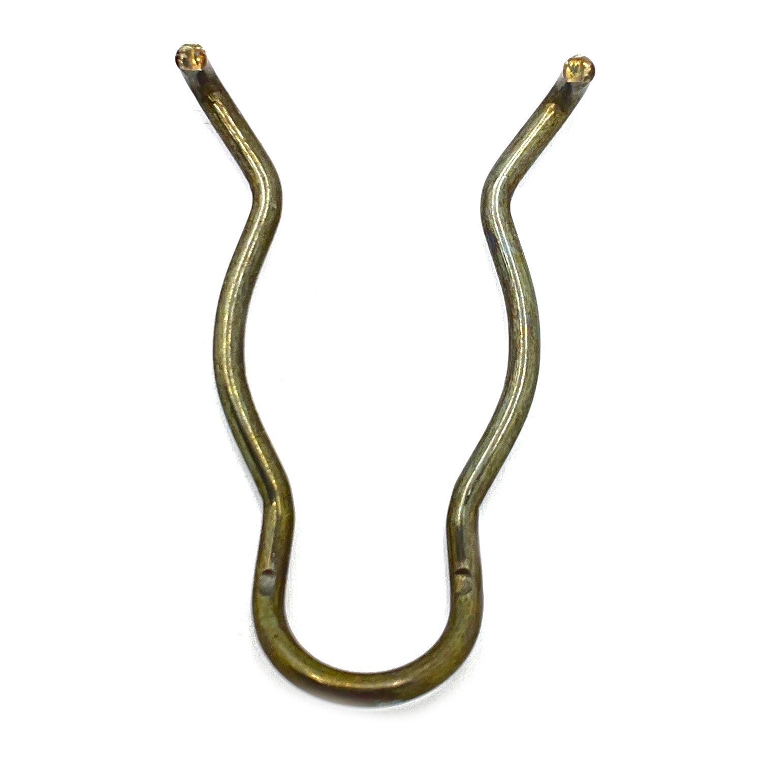 Metal friction spring with curved arms and rounded bottom, featuring small brass tips on ends.