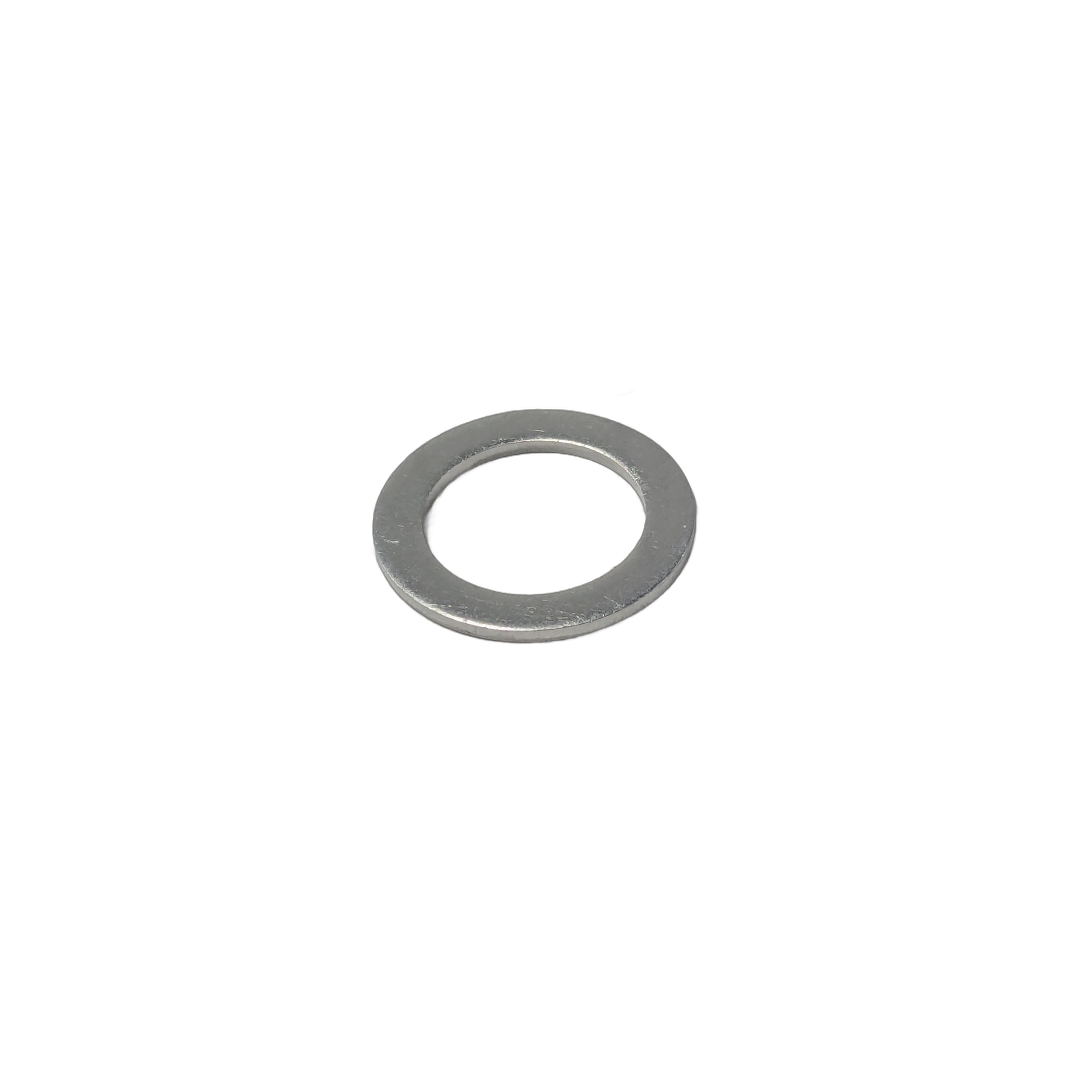 Round flat aluminum gasket with smooth gray metallic finish and central hole.