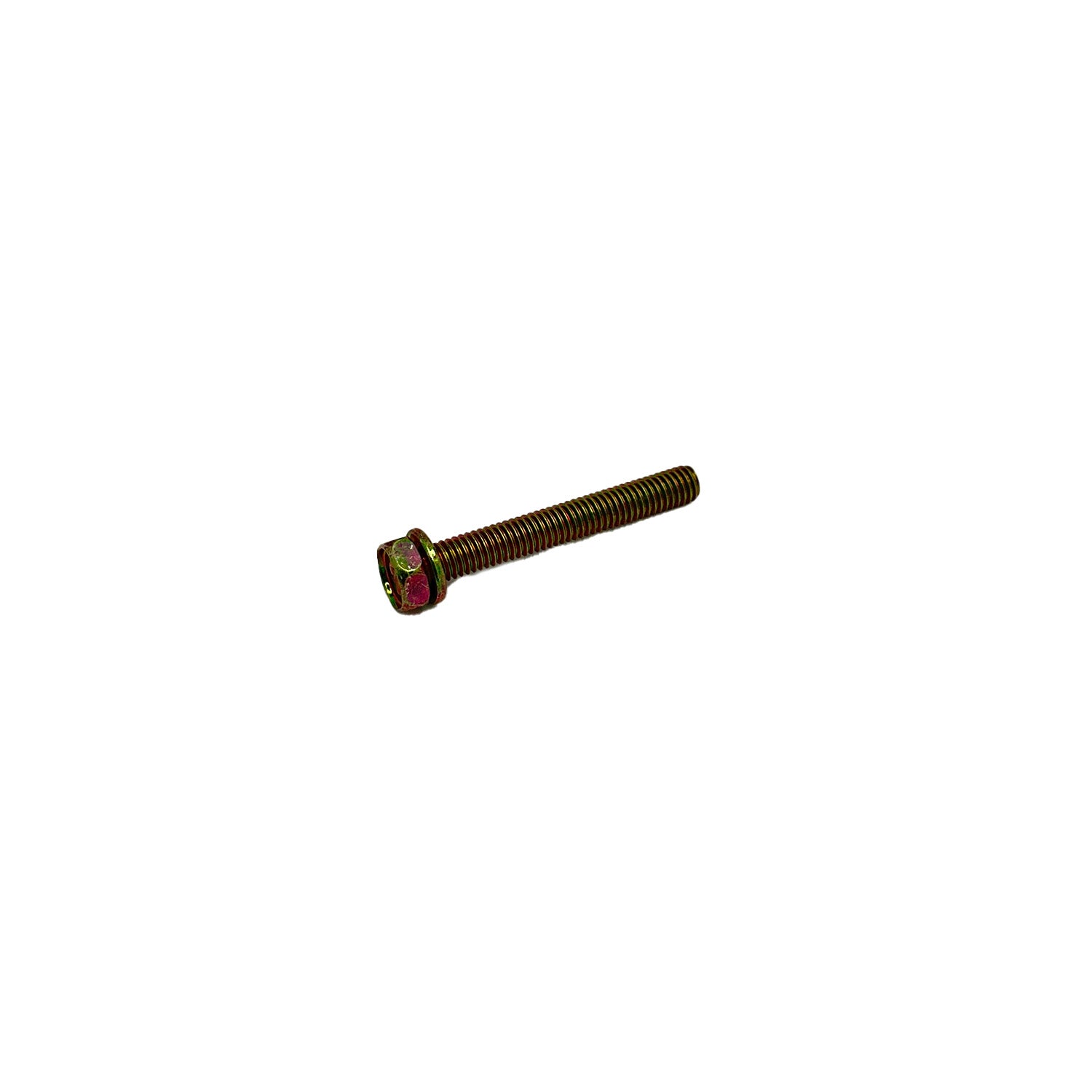 Metal bolt with hexagonal head and matching washer, gold-toned finish.