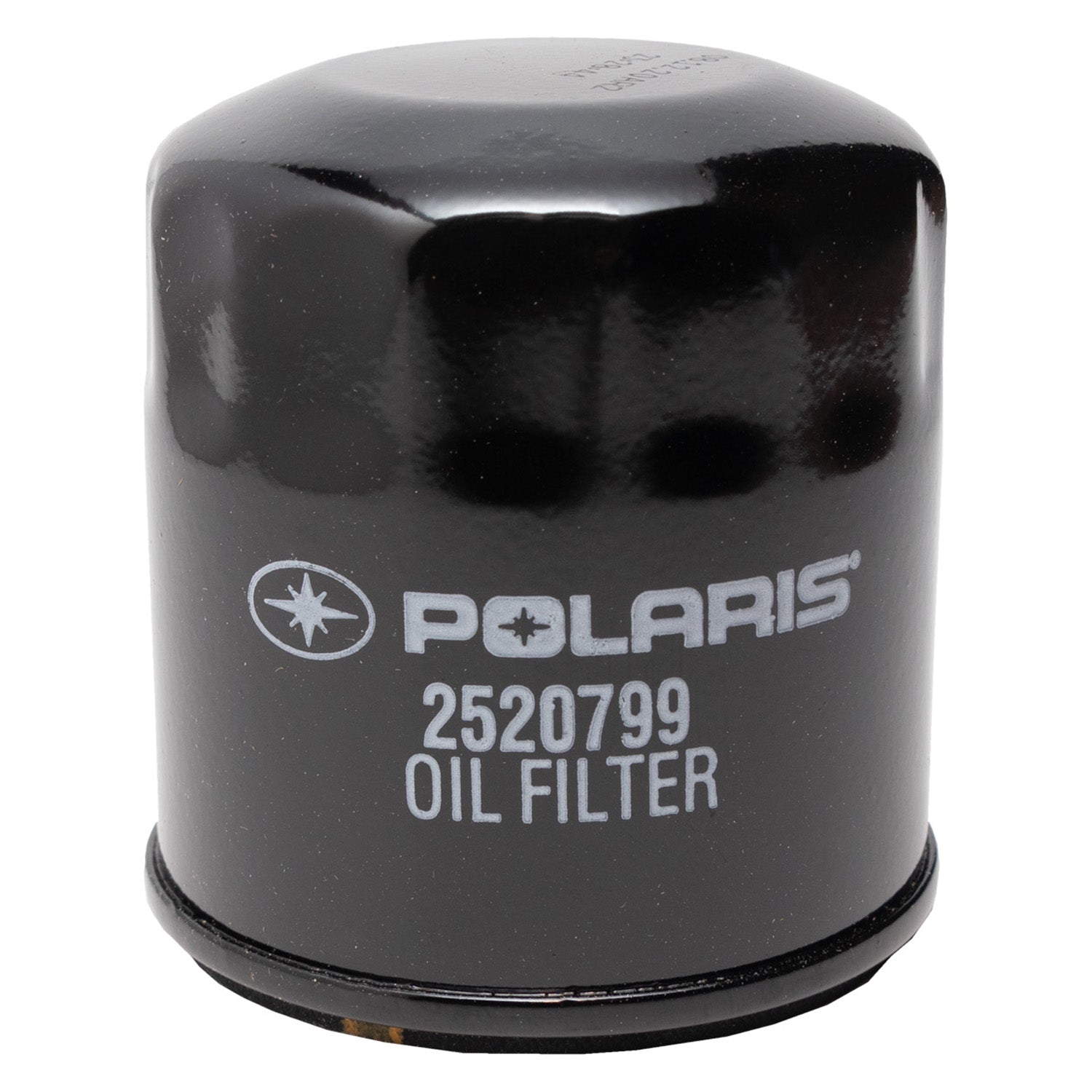 Black cylindrical Polaris oil filter with white logo and part number 2520799 printed on side.