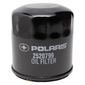 Black cylindrical Polaris oil filter with white logo and part number 2520799 printed on side.