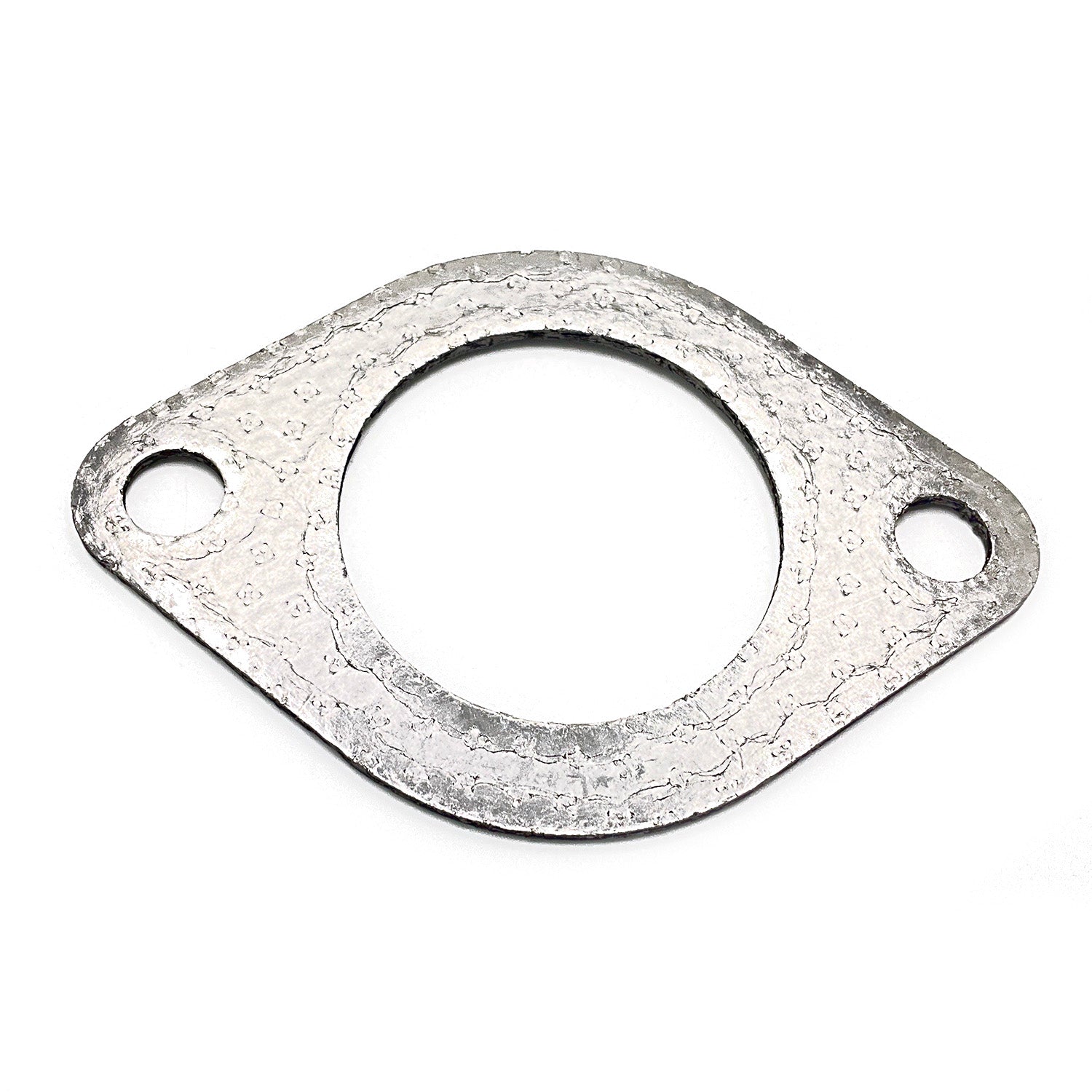 Silver metallic exhaust gasket with two bolt holes and a large central opening.