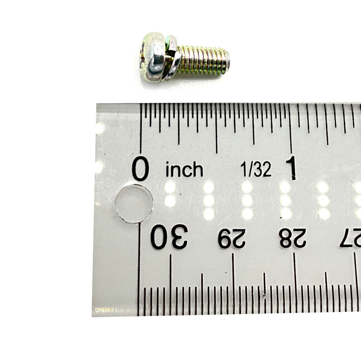Small silver screw with matching washer, shown next to clear ruler for size reference.