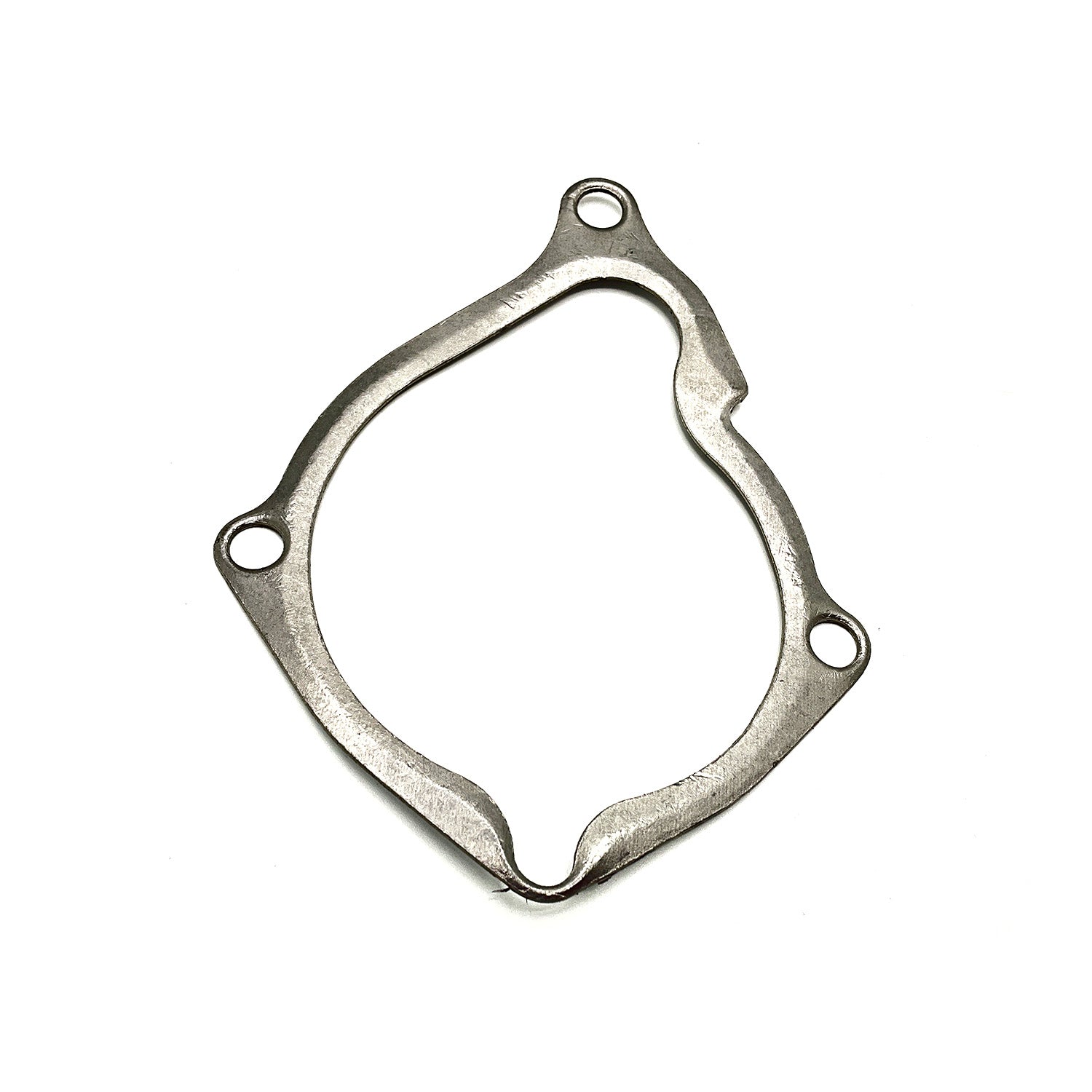 Silver metal water pump gasket with an irregular rounded triangular shape and three mounting holes.