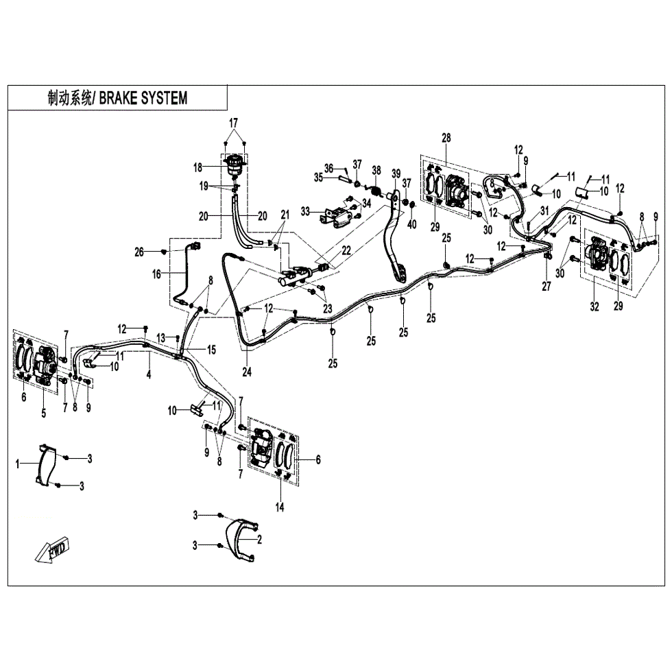 An Image of a Genuine CFMOTO Parts Schematic Diagram showing the schematic - BRAKE SYSTEM - 2023 CFMOTO ZFORCE 800 Trail