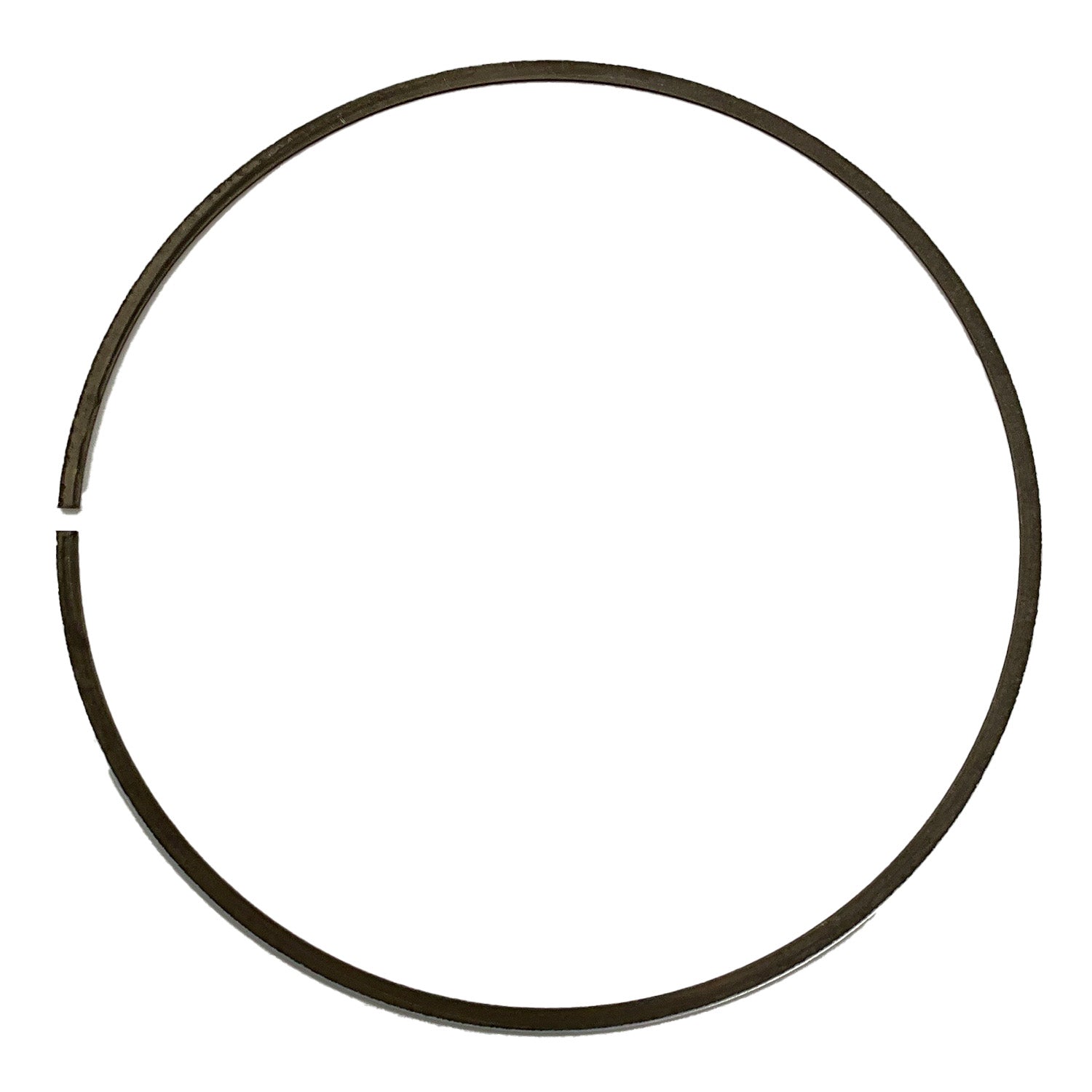 Single black metal piston ring with a small gap on a white background.