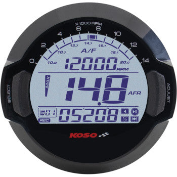 The Koso North America Air Fuel Gauge Black 6ft Wire displays 12000 RPM, a 14.8 AFR (LSU 4.9 sensor), and 05208 hours, with SELECT/ADJUST side buttons and the KOSO logo at the bottom.