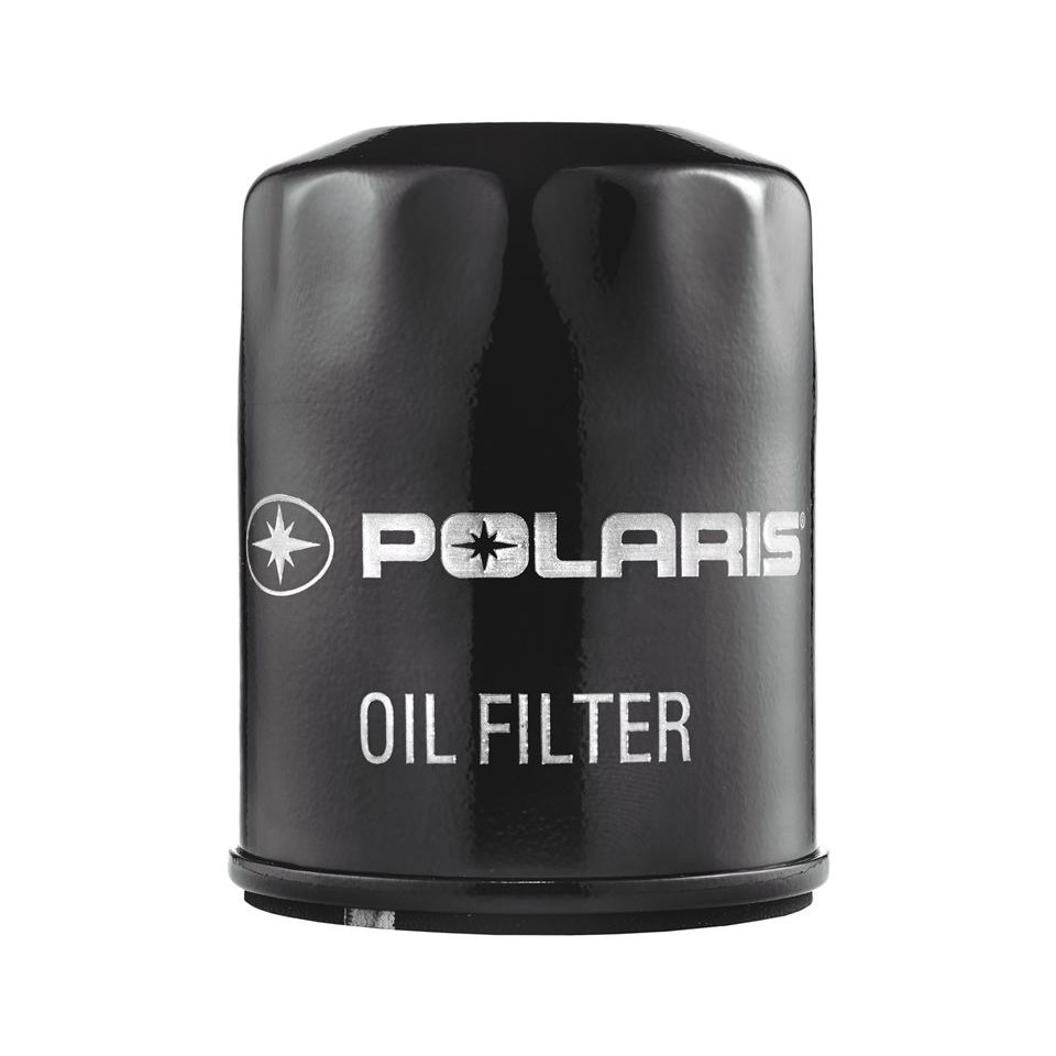 Black cylindrical Polaris oil filter with white logo and text on metal surface.
