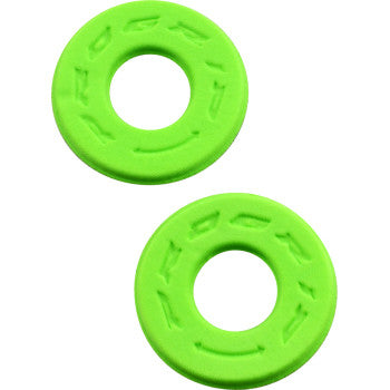 Two bright green, round Handlebar Donuts Green by Pro Grip with embossed patterns and a central hole are shown against a white background. These Lycra-coated cushion washers help prevent blisters and enhance comfort during use.