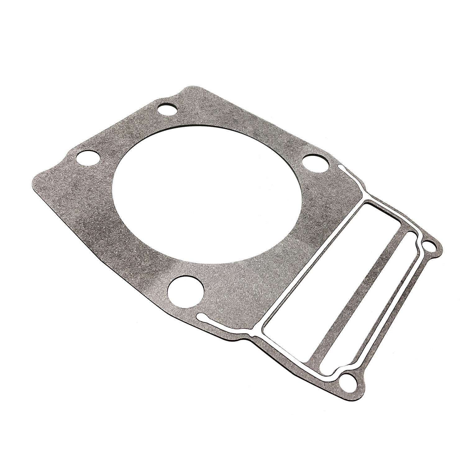 Gray flat cylinder head gasket with multiple precise circular and rectangular cutouts.