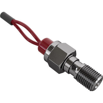 A close-up of the Goodridge Brake Switch Banjo Bolt Single M10x1.25 20 mm, showing its threaded metal body and two red wires extending from the end.