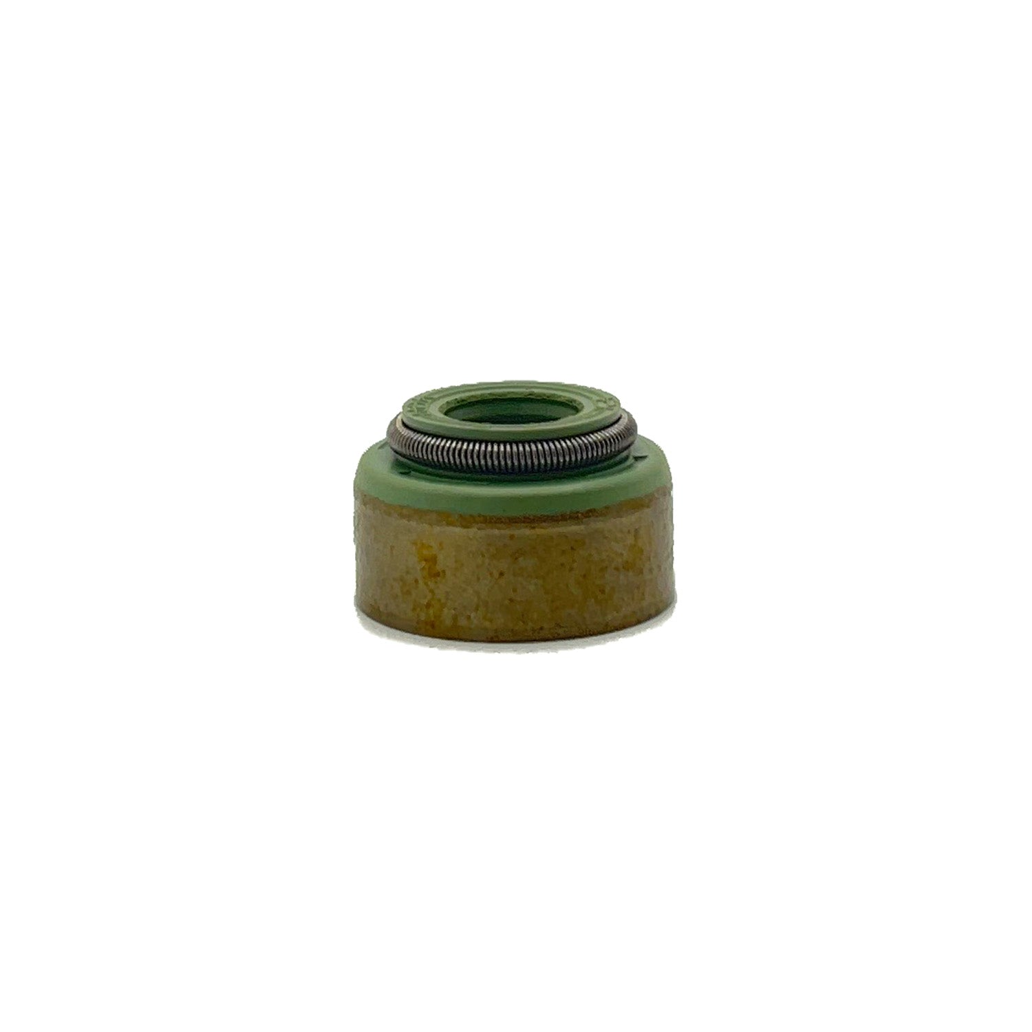 Small cylindrical exhaust valve seal with green rubber top and brown metal base.
