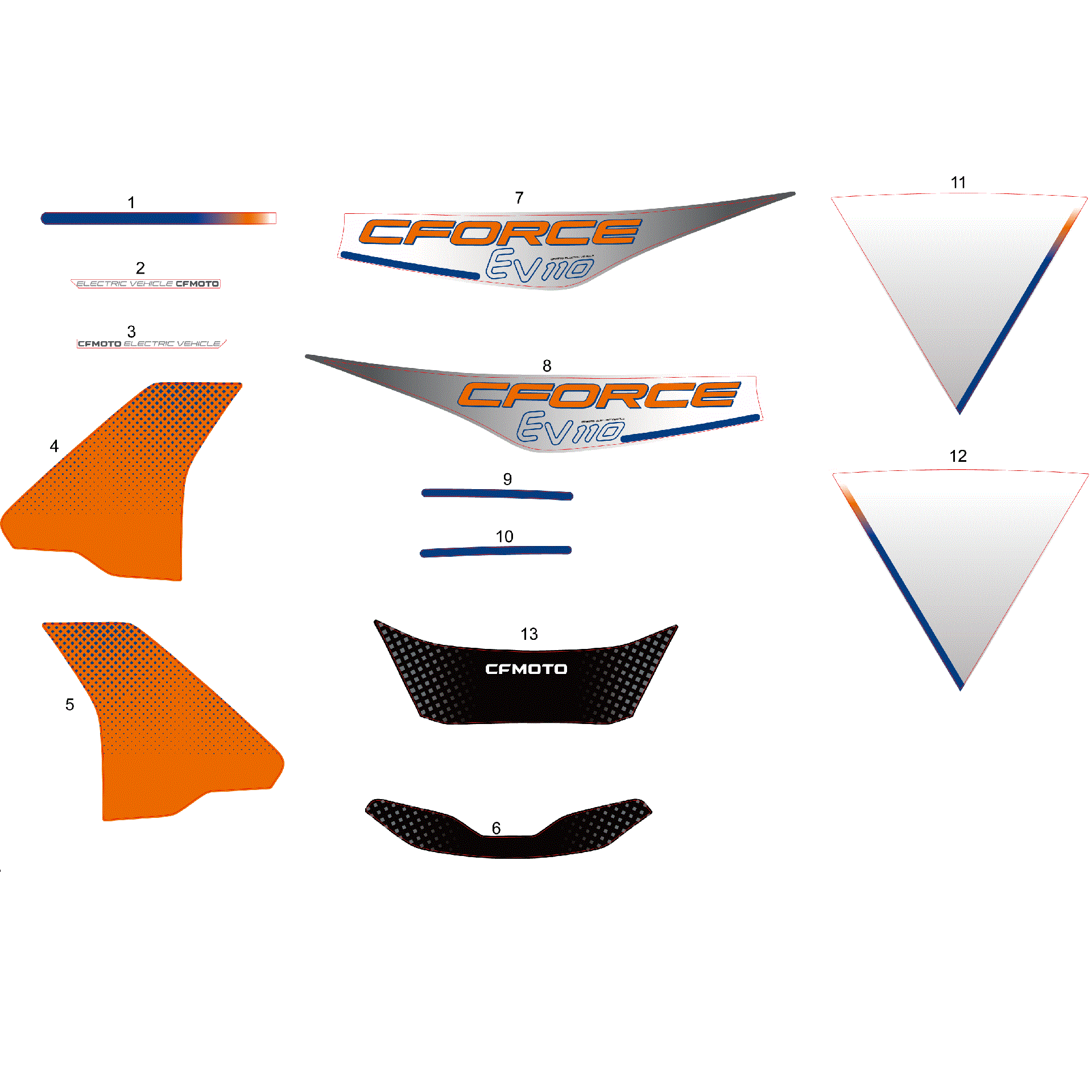 An Image of a genuine CFMOTO Parts Schematic Diagram showing the group - DECAL KITS(NA - 2024 CFMOTO CFORCE EV110