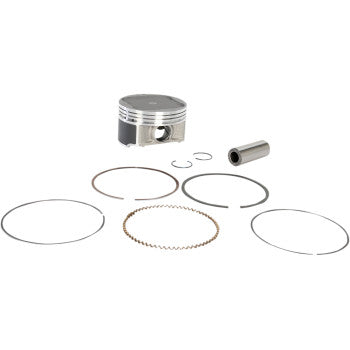 The Polaris Piston Kit 92.00 mm by Wsm features an OEM quality piston, wrist pin, E-clip design circlips, and five piston rings arranged in a semi-circle on a white background.