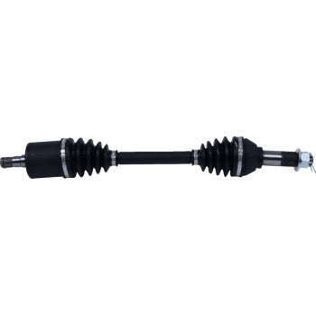 Black metal axle shaft with rubber accordion-style boots on both ends and mounting hardware on the right end.