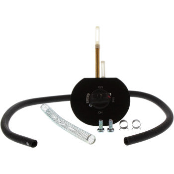 The Suzuki Petcock Fuel Kit by All Balls includes a black control dial, OE replacement valve, two hoses, fuel line, two metal clamps, bolts, and an extra clear plastic tube—all displayed on a white background.
