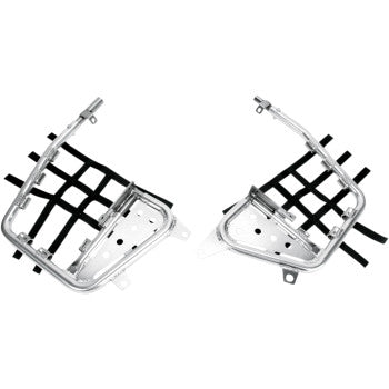 The Yamaha Heel Guard Nerf Bar With Black Webbing by DG Performance features lightweight silver aluminum frames, symmetrical design, multiple holes and attachment points, plus an integrated heel guard for secure support.