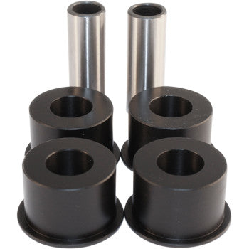 The A-Arm Repair Kit Front Upper Lower by Epi includes four black cylindrical bushings with wide bases and holes, plus two longer hollow metal sleeves, all displayed upright against a white background.