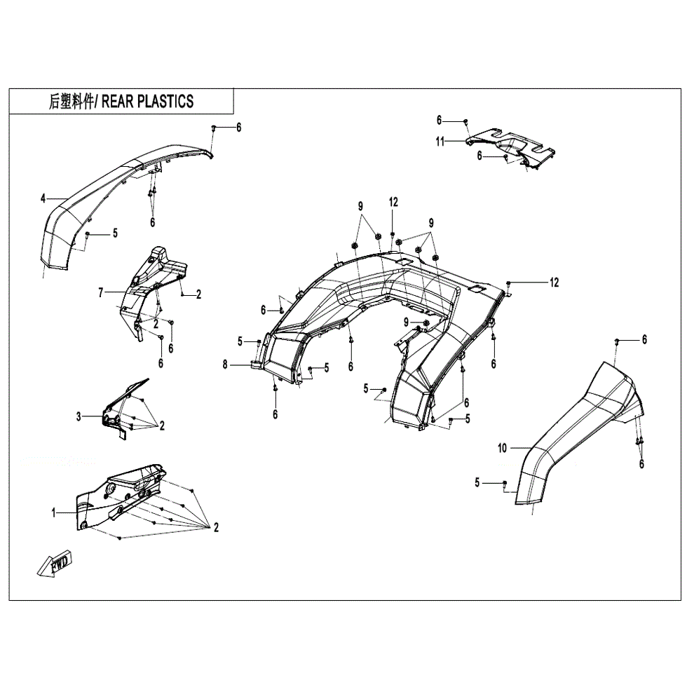 An Image of a genuine CFMOTO Parts Schematic Diagram showing the group - REAR PLASTICS(2) - 2022 CFMOTO CFORCE 600