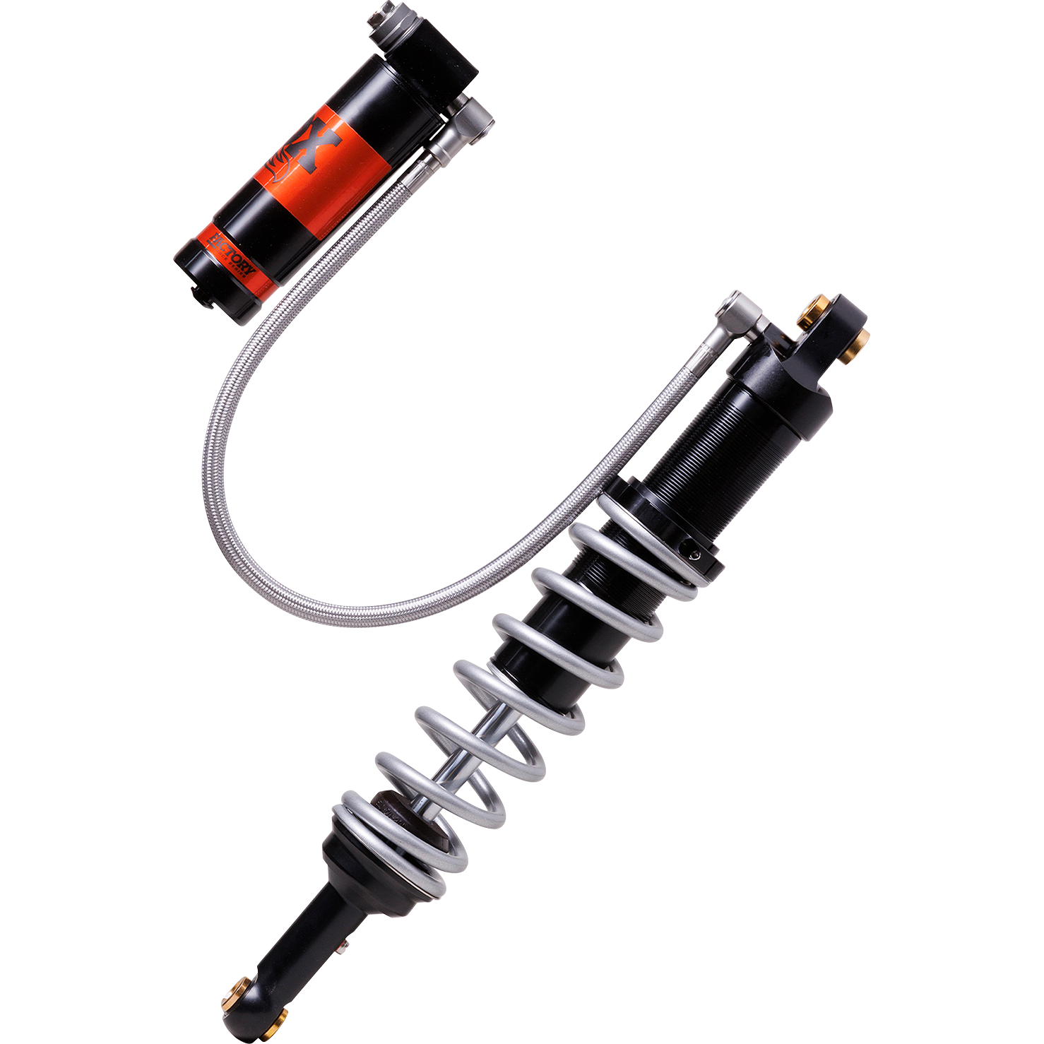 Black coil shock absorber with silver spring and attached orange and black remote reservoir on flexible hose.