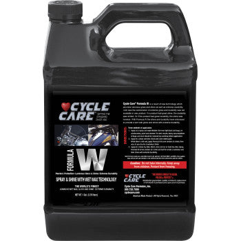 A black plastic container of Cycle Care Formulas Formula with Wax Spray 1 U.S. gal., featuring a handle, black label, and white/red text—clear coat safe for a high gloss shine.