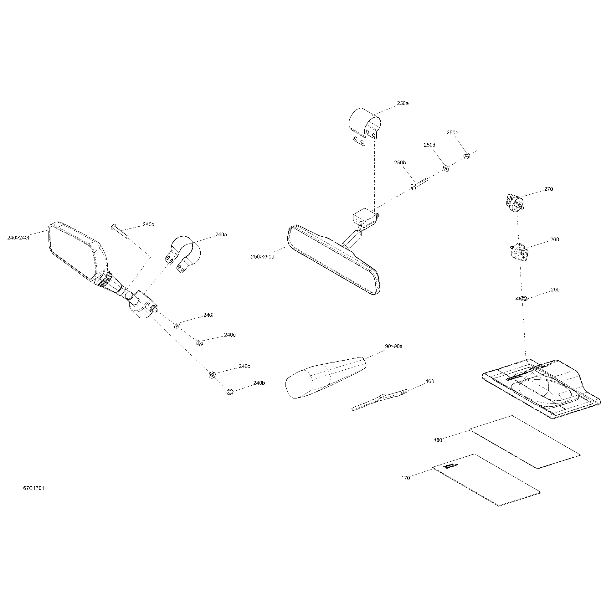 An Image of a Genuine Can-Am Parts Schematic Diagram showing the schematic - MIRRORS AND TOOLS - ALL MODELS