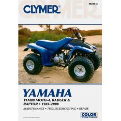 Cover of the Clymer Repair Manual Yamaha Badger, showing a blue Yamaha ATV on a dirt path with “YAMAHA YFM80 MOTO-4, BADGER & RAPTOR 1985-2008” and detailed maintenance, troubleshooting, and repair instructions.
