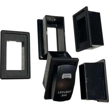 Black rocker switch with LED light label and rectangular plastic mounting adapters.