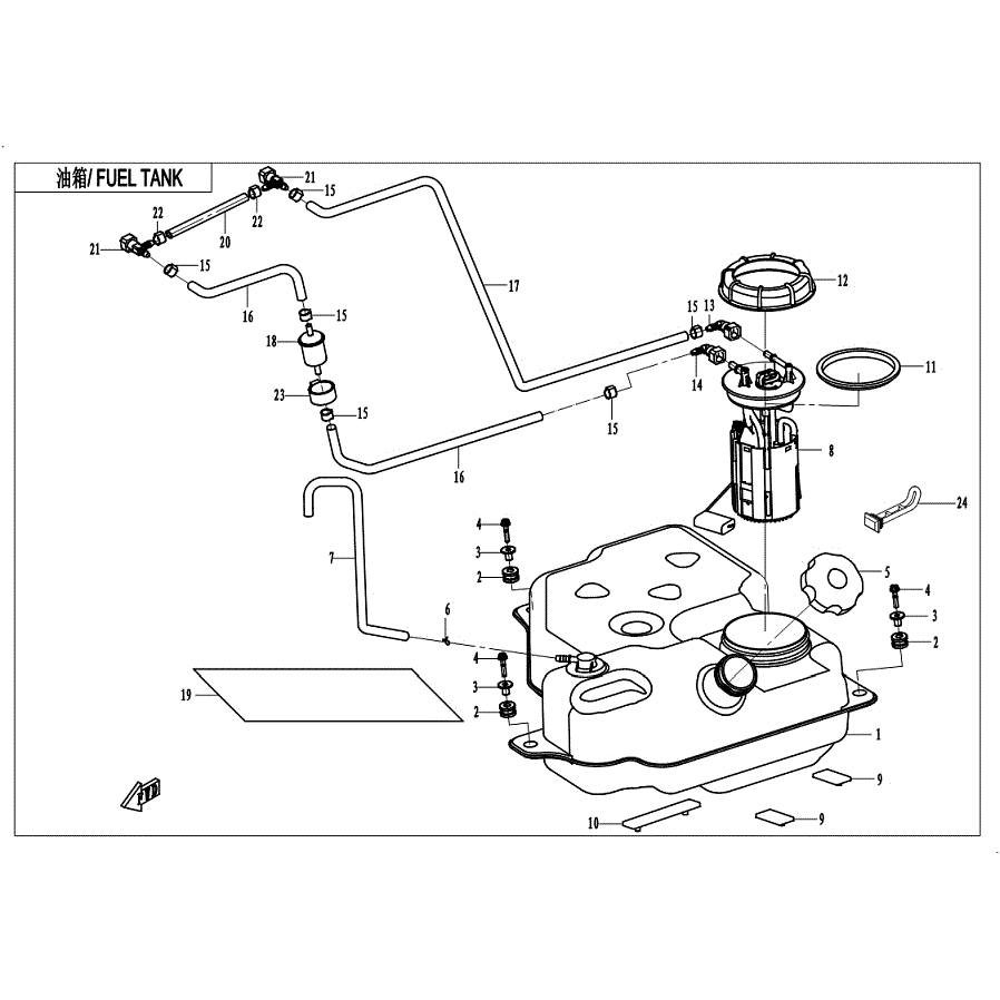 An Image of a Genuine CFMOTO Parts Schematic Diagram showing the schematic - FUEL TANK - 2019 CFMOTO ZFORCE 800 EX