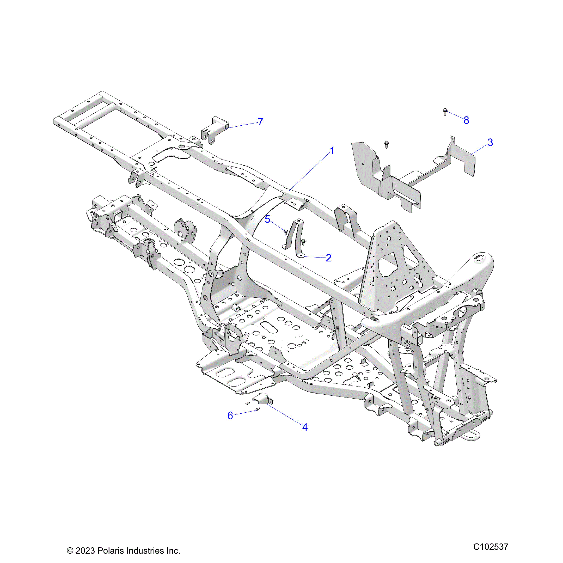 An Image of a Genuine Polaris Parts Schematic Diagram showing the schematic - CHASSIS: FRAME - 2025 POLARIS SPORTSMAN TOURING 570 X2 EPS