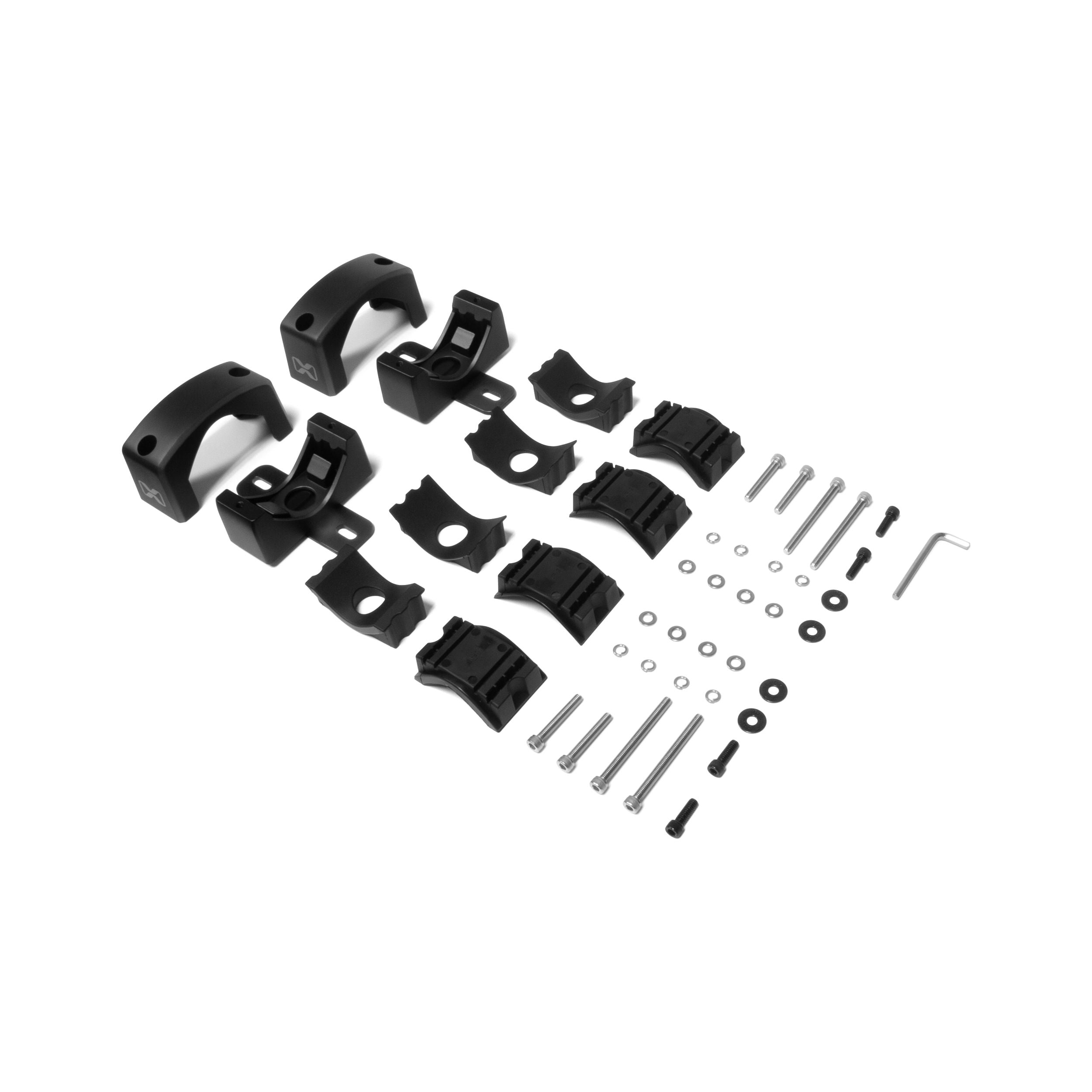 V7 Roll Cage Mounts by EcoXGear, including black metal and plastic brackets, clamps, hardware, screws, washers, and an Allen key, are arranged neatly on a white background.