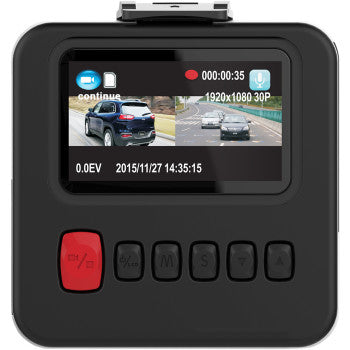 A close-up of the 2 Channel DVR with Cameras by Navatlas shows its screen playing sharp 1080p footage of cars on the road; the interface displays time and date, with five buttons below—most notably a red button on the left.